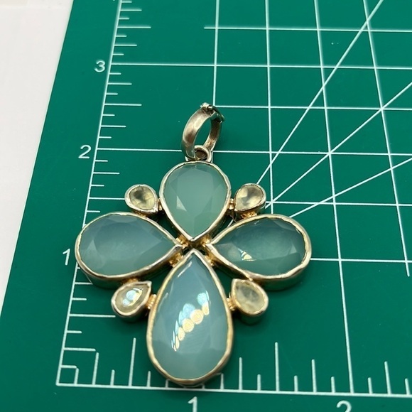 Pendant Large silver plated pear flower with aqua glass. Cross Artisan Made - Picture 5 of 5